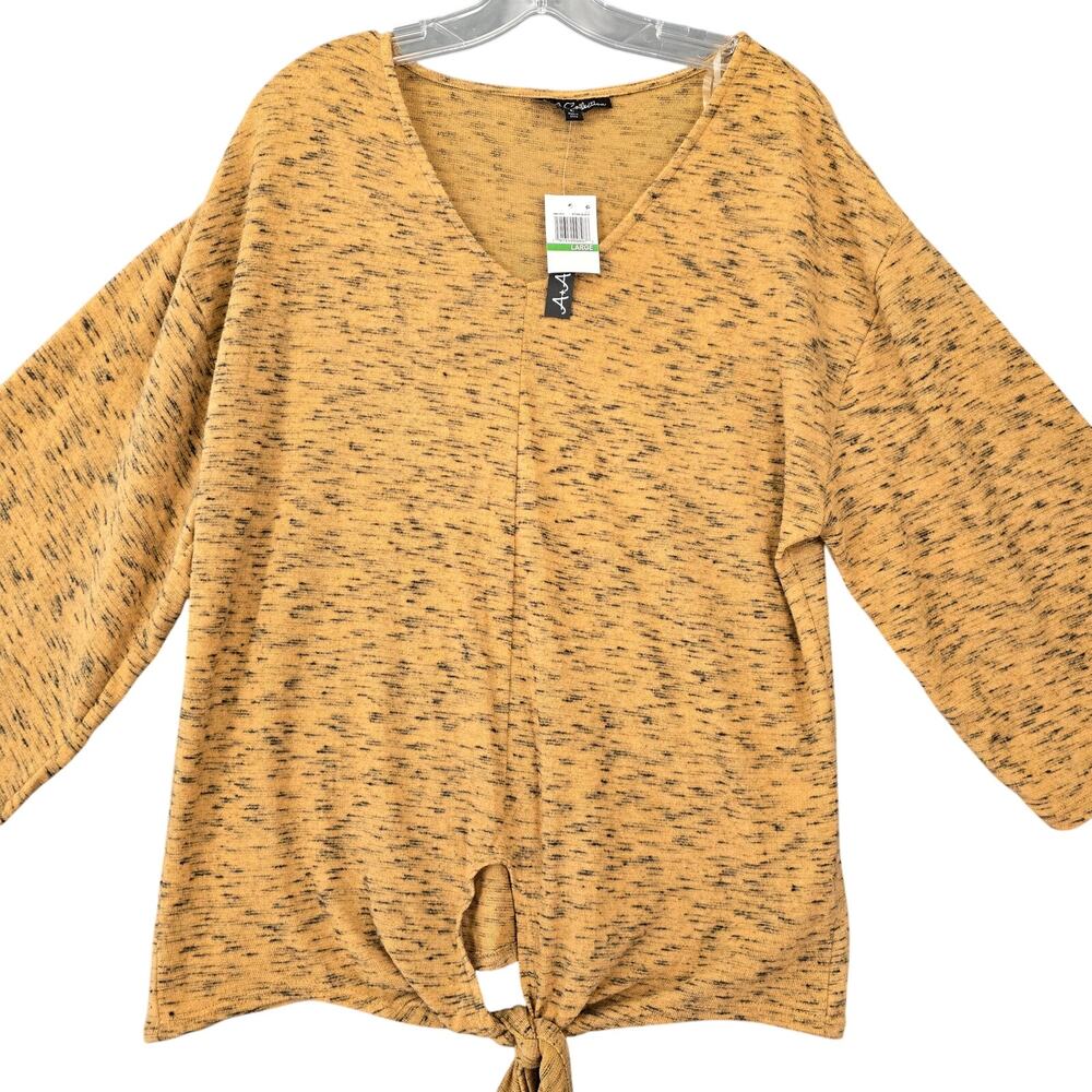 A+A Collection Brown Stone Knit Shirt NEW Stretch Knit 3/4 Sleeve V-Neck Women L